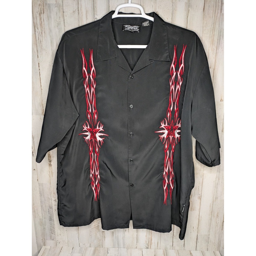 Vintage Dragonfly Button‎ Up Shirt Mens 3XL Black Red Tribal Flames Embroidered